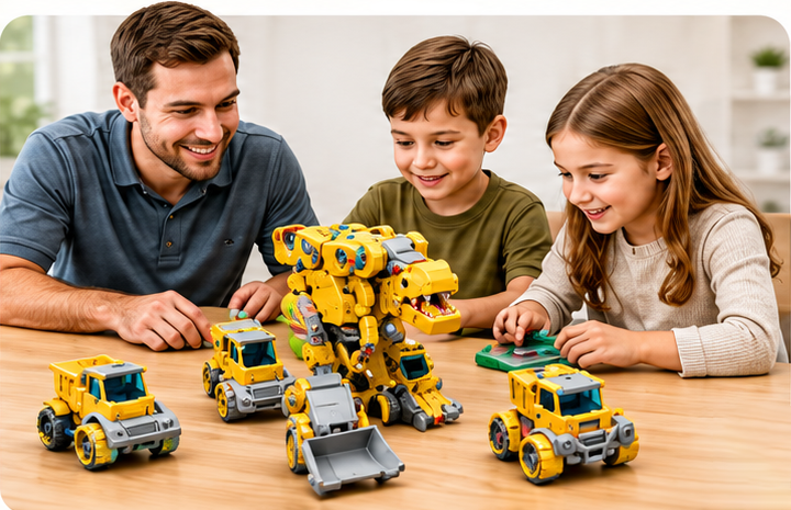 Children playing with dinosaur model